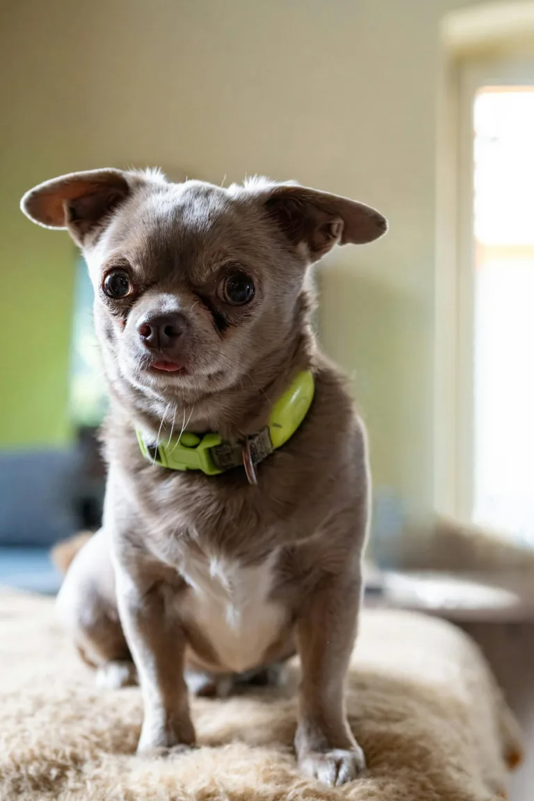 Cute Chihuahua sitting indoors with a neon green collar, looking attentive.